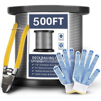 سعر جيد شهادة ISO9001/ISO14001 T316 كابل الفولاذ المقاوم للصدأ 7x7 خيوط 500FT سطح السطح الدرابزين SS كابل سلكي الحبل مع القطع الانترنت